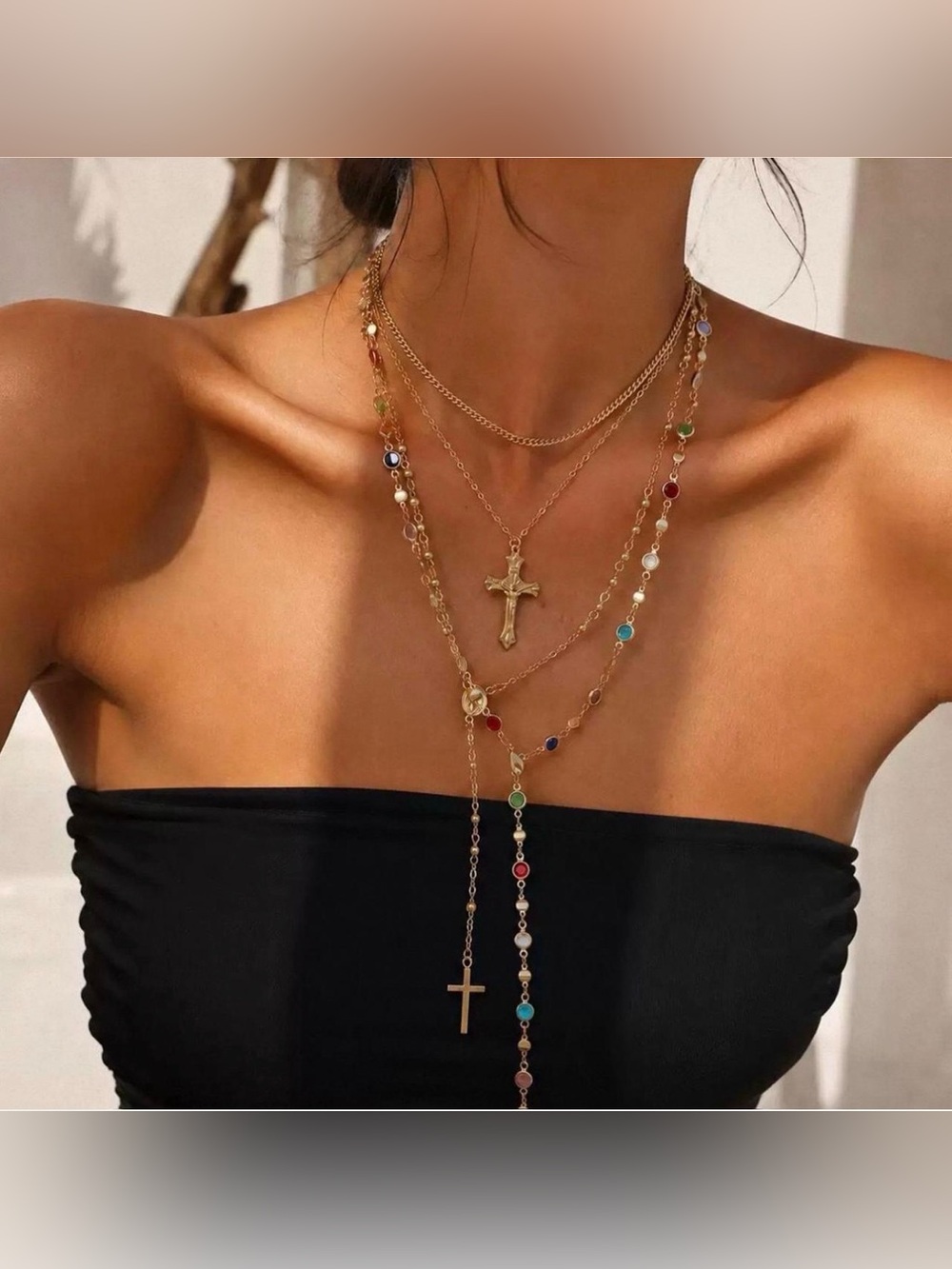 Gold Multi Layered Cross Necklace Set | Rainbow Gem Rosary Style Lariat
